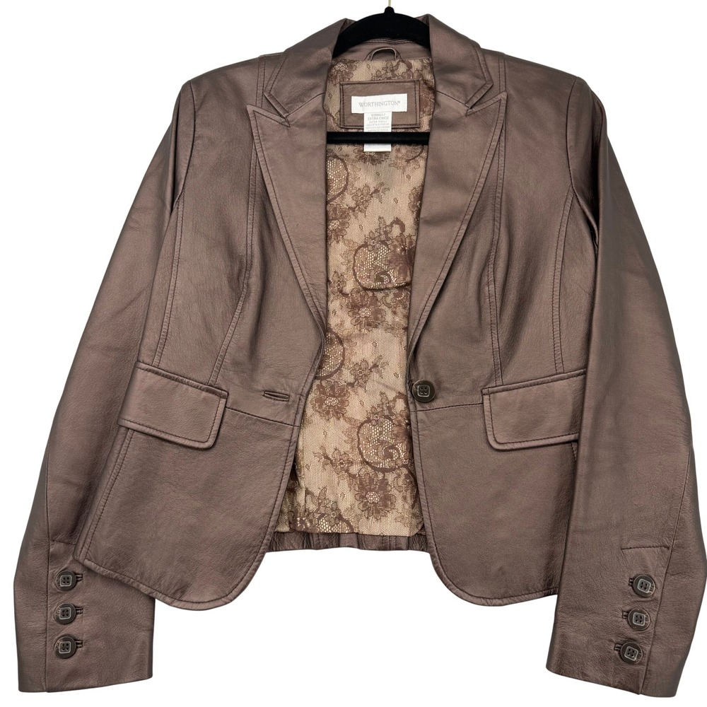 Worthington Bronze Metallic Genuine Nappa Leather Blazer Jacket Womens XS chic‎